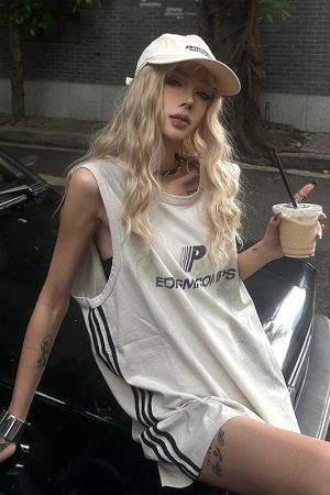 Women's American Retro Sports Vest - Summer Side Stripe Sleeveless T-Shirt, Loose Tank Top in Street Style