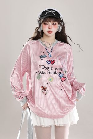 Women's American Style Casual V-Neck Jersey Sweatshirt - Loose Long Sleeve Pullover for Spring Outfits
