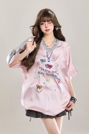 Women's American Style Casual V-Neck Jersey Sweatshirt - Loose Long Sleeve Pullover for Spring Outfits