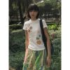 Women's American-Style Floral Print T-Shirt, Summer Short Sleeve, Vintage Slim-Fit Round Neck, Heavyweight White Top