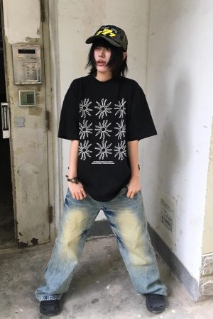 Women's American Style Heavy T-Shirt - Summer Sunflower Print, Versatile Black Short Sleeve Loose Casual Top