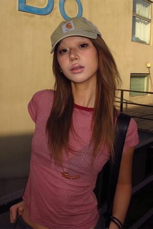 Women's American Style Off-Shoulder Striped T-Shirt, Slightly Sheer Short Sleeve Vintage Slim Fit Cropped Top for Summer