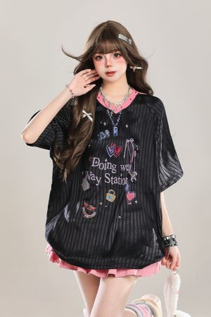 Women's American-Style Printed V-Neck Short Sleeve T-Shirt, Summer 2025 Jersey Design, Sweet Girl Loose Fit