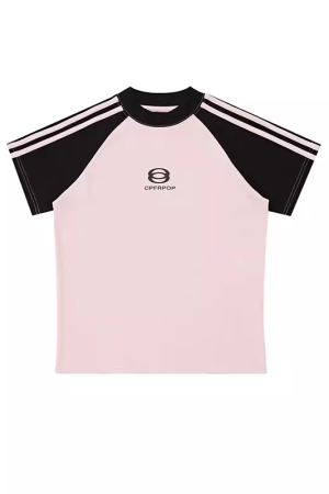 Women's American-Style Raglan Sleeve T-Shirt with Side Striped Letter Print, Slim Fit Summer Top, Casual Y2K Fashion