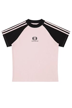 Women's American-Style Raglan Sleeve T-Shirt with Side Striped Letter Print, Slim Fit Summer Top, Casual Y2K Fashion