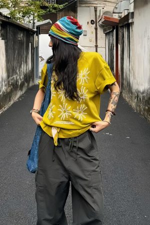 Women's American Style Summer Sunflower Print Short Sleeve T-Shirt, Heavyweight Round Neck Casual Tee, Loose Fit