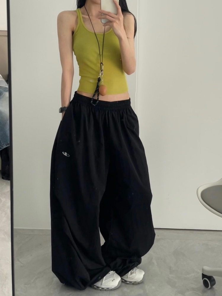 Women's American Vintage Cargo Pants - Summer Loose Casual Wide-Leg Parachute Pants with Drawstring, Hip-Hop Style Women's American Vintage Cargo Pants - Summer Loose Casual Wide-Leg Parachute Pants with Drawstring, Hip-Hop Style