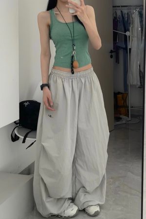 Women's American Vintage Cargo Pants - Summer Loose Casual Wide-Leg Parachute Pants with Drawstring, Hip-Hop Style
