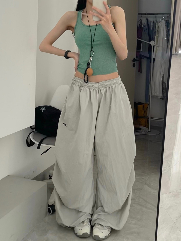 Women's American Vintage Cargo Pants - Summer Loose Casual Wide-Leg Parachute Pants with Drawstring, Hip-Hop Style Women's American Vintage Cargo Pants - Summer Loose Casual Wide-Leg Parachute Pants with Drawstring, Hip-Hop Style