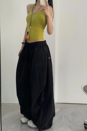 Women's American Vintage Cargo Pants - Summer Loose Casual Wide-Leg Parachute Pants with Drawstring, Hip-Hop Style