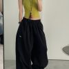 Women's American Vintage Cargo Pants - Summer Loose Casual Wide-Leg Parachute Pants with Drawstring, Hip-Hop Style