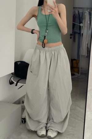 Women's American Vintage Cargo Pants - Summer Loose Casual Wide-Leg Parachute Pants with Drawstring, Hip-Hop Style