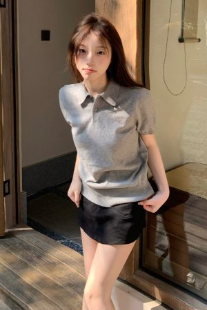 Women's American Vintage Polo Shirt, Gray Knitted Short Sleeve with Letter Embroidery, Casual Summer Style Top