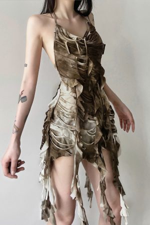 Women's Backless Halter Neck Bodycon Skirt with Tassel Straps, Layered Design, Vintage Inspired, Edgy Wasteland Look