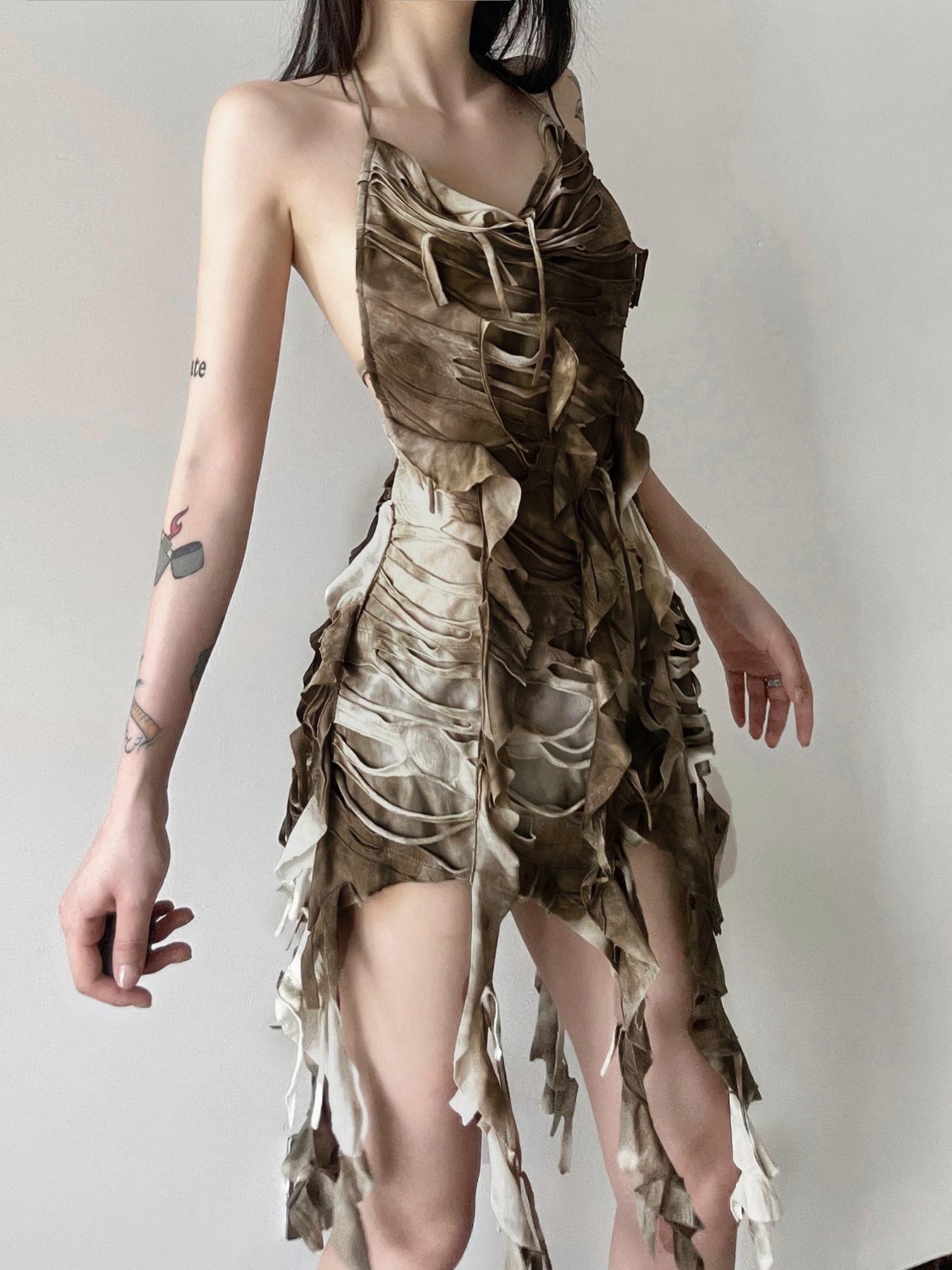 Women's Backless Halter Neck Bodycon Skirt with Tassel Straps, Layered Design, Vintage Inspired, Edgy Wasteland Look Women's Backless Halter Neck Bodycon Skirt with Tassel Straps, Layered Design, Vintage Inspired, Edgy Wasteland Look