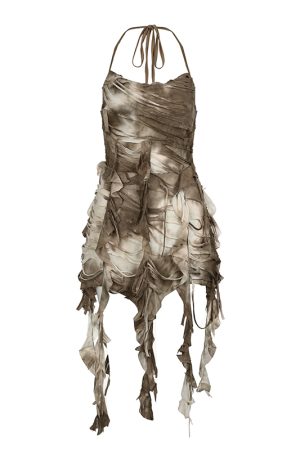 Women's Backless Halter Neck Bodycon Skirt with Tassel Straps, Layered Design, Vintage Inspired, Edgy Wasteland Look