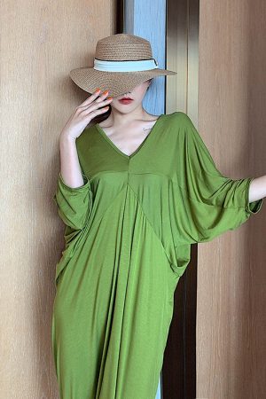 Women’s Bat Sleeve Cocoon Dress - Loose V-Neck, Mid-Length, Pleated, Draped, Three-Quarter Sleeves - Spring/Summer 2025 Fashion