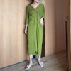 Women’s Bat Sleeve Cocoon Dress - Loose V-Neck, Mid-Length, Pleated, Draped, Three-Quarter Sleeves - Spring/Summer 2025 Fashion