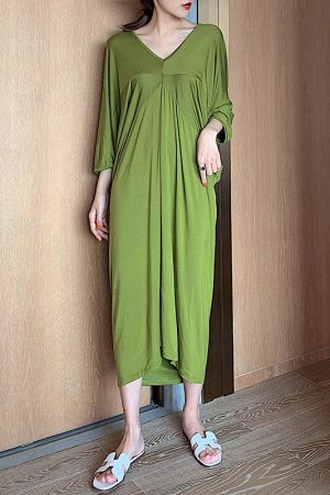 Womenâ€™s Bat Sleeve Cocoon Dress - Loose V-Neck, Mid-Length, Pleated, Draped, Three-Quarter Sleeves - Spring/Summer 2025 Fashion