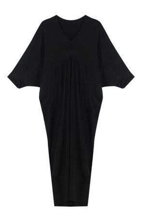 Women’s Bat Sleeve Cocoon Dress - Loose V-Neck, Mid-Length, Pleated, Draped, Three-Quarter Sleeves - Spring/Summer 2025 Fashion