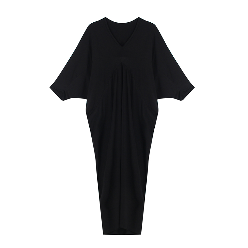 Women’s Bat Sleeve Cocoon Dress - Loose V-Neck, Mid-Length, Pleated, Draped, Three-Quarter Sleeves - Spring/Summer 2025 Fashion Women’s Bat Sleeve Cocoon Dress - Loose V-Neck, Mid-Length, Pleated, Draped, Three-Quarter Sleeves - Spring/Summer 2025 Fashion