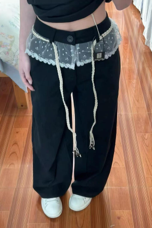 Women's Black Lace Splicing Cargo Pants - 2025 Wide-Leg Design, American Style, Korean Casual Fashion