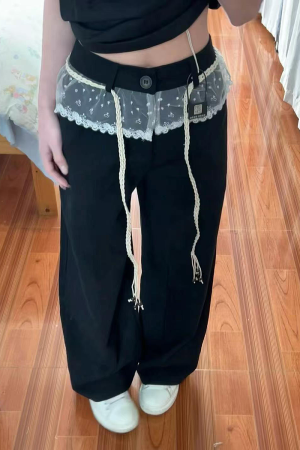 Women's Black Lace Splicing Cargo Pants - 2025 Wide-Leg Design, American Style, Korean Casual Fashion