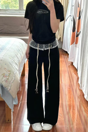 Women's Black Lace Splicing Cargo Pants - 2025 Wide-Leg Design, American Style, Korean Casual Fashion
