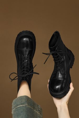 Women's Black Lace-Up Thick-Soled Martin Boots in First-Layer Cowhide - Stylish Short Boots for Fall and Winter