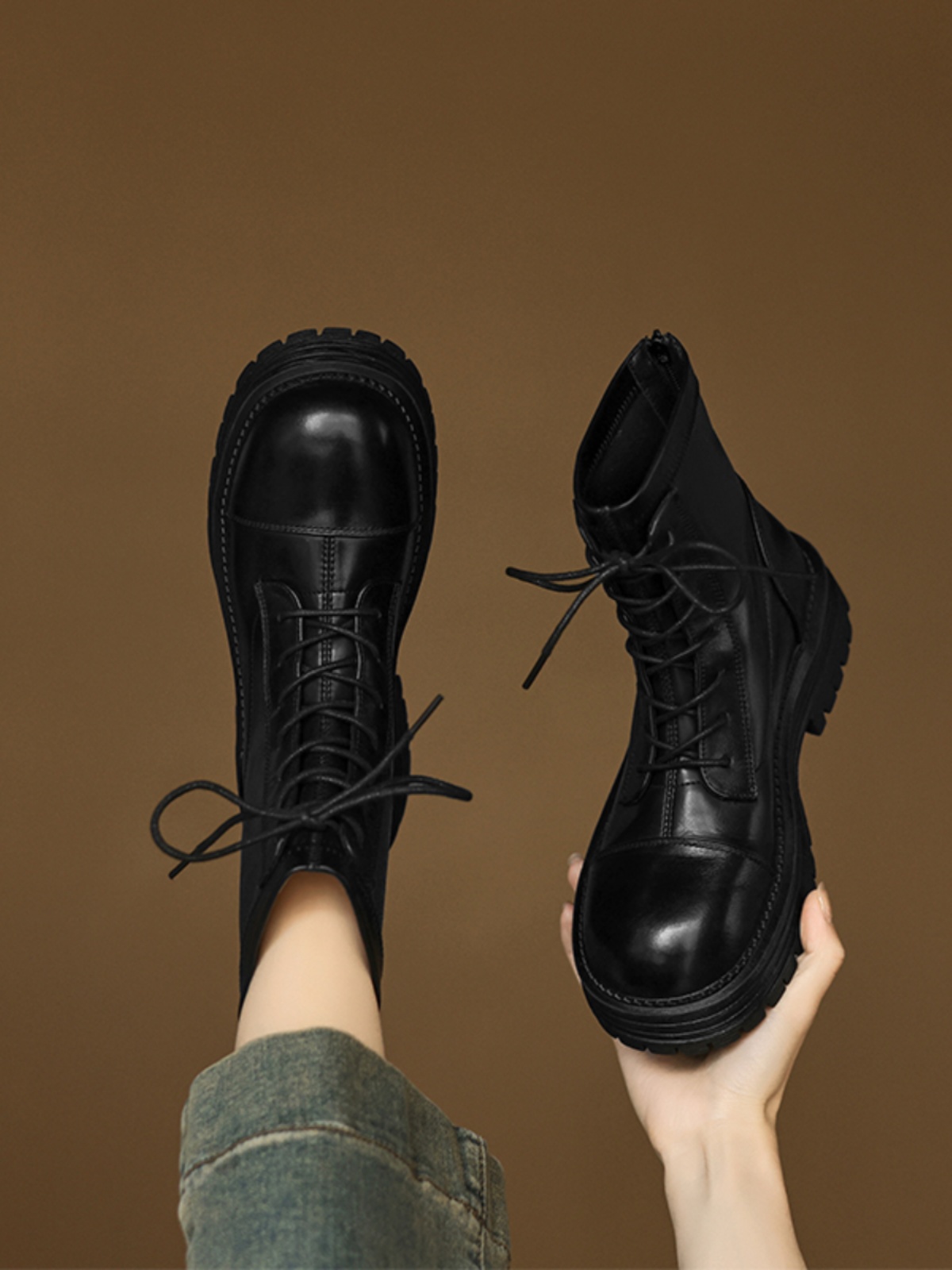 Women's Black Lace-Up Thick-Soled Martin Boots in First-Layer Cowhide - Stylish Short Boots for Fall and Winter Women's Black Lace-Up Thick-Soled Martin Boots in First-Layer Cowhide - Stylish Short Boots for Fall and Winter