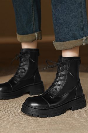 Women's Black Lace-Up Thick-Soled Martin Boots in First-Layer Cowhide - Stylish Short Boots for Fall and Winter