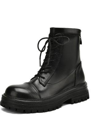Women's Black Lace-Up Thick-Soled Martin Boots in First-Layer Cowhide - Stylish Short Boots for Fall and Winter