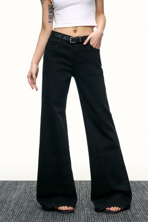 Women's Black Mid-Waist Flared Jeans - Versatile High Street Wide-Leg Trousers for Spring - Slimming Floor-Length Style