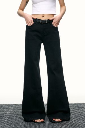 Women's Black Mid-Waist Flared Jeans - Versatile High Street Wide-Leg Trousers for Spring - Slimming Floor-Length Style