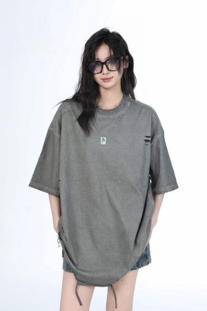 Women's Black Short Sleeve T-Shirt with Hip-Hop Destruction Design - Loose Fit Summer Trend for Casual Style