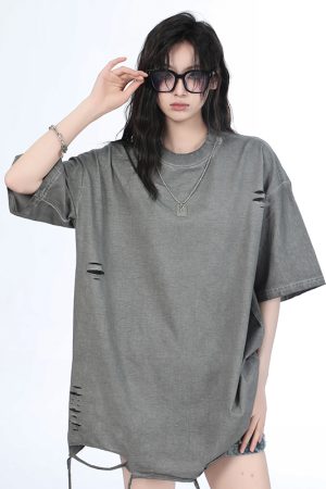 Women's Black Short Sleeve T-Shirt with Hip-Hop Destruction Design - Loose Fit Summer Trend for Casual Style