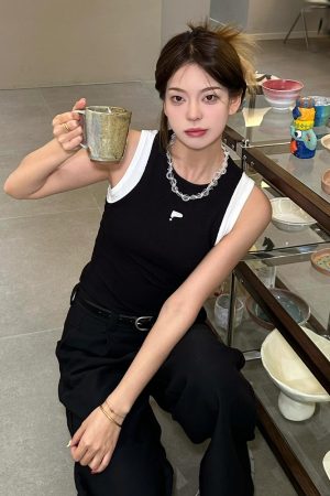 Women's Black Slim Fit Fake Two-Piece Tank Top - American Style 2025 Summer Sports Camisole