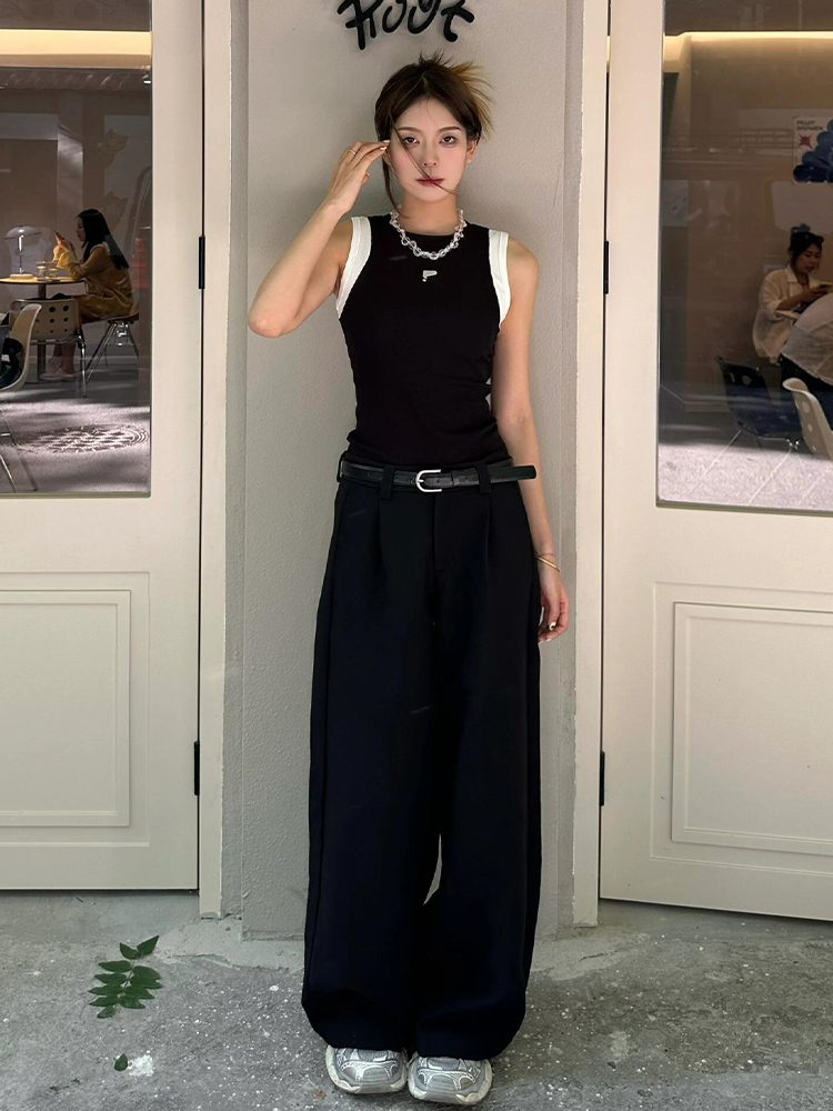 Women's Black Slim Fit Fake Two-Piece Tank Top - American Style 2025 Summer Sports Camisole Women's Black Slim Fit Fake Two-Piece Tank Top - American Style 2025 Summer Sports Camisole