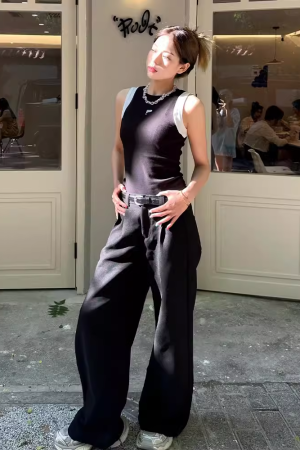 Women's Black Slim Fit Fake Two-Piece Tank Top - American Style 2025 Summer Sports Camisole