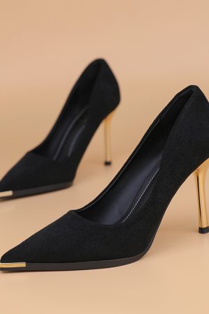Women's Black Suede Pointed-Toe High-Heeled Shoes, Thin-Heel Slip-Ons for Spring & Autumn, Versatile Work & Commuting Footwear 2025