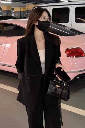 Women's Black Suit Jacket and Wide-Leg Pants Set - High-End Drape with Side Slit - 2025 Spring Autumn Fashion