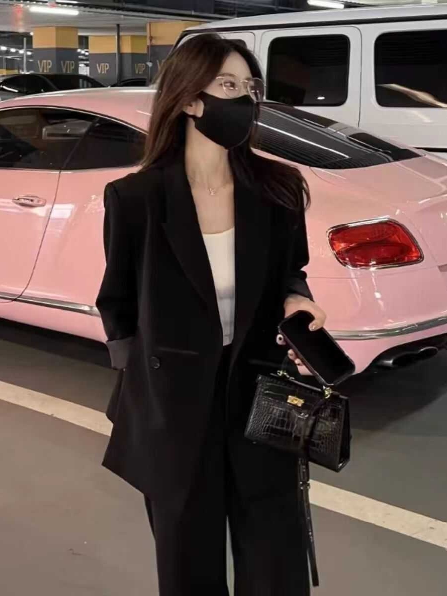 Women's Black Suit Jacket and Wide-Leg Pants Set - High-End Drape with Side Slit - 2025 Spring Autumn Fashion Women's Black Suit Jacket and Wide-Leg Pants Set - High-End Drape with Side Slit - 2025 Spring Autumn Fashion
