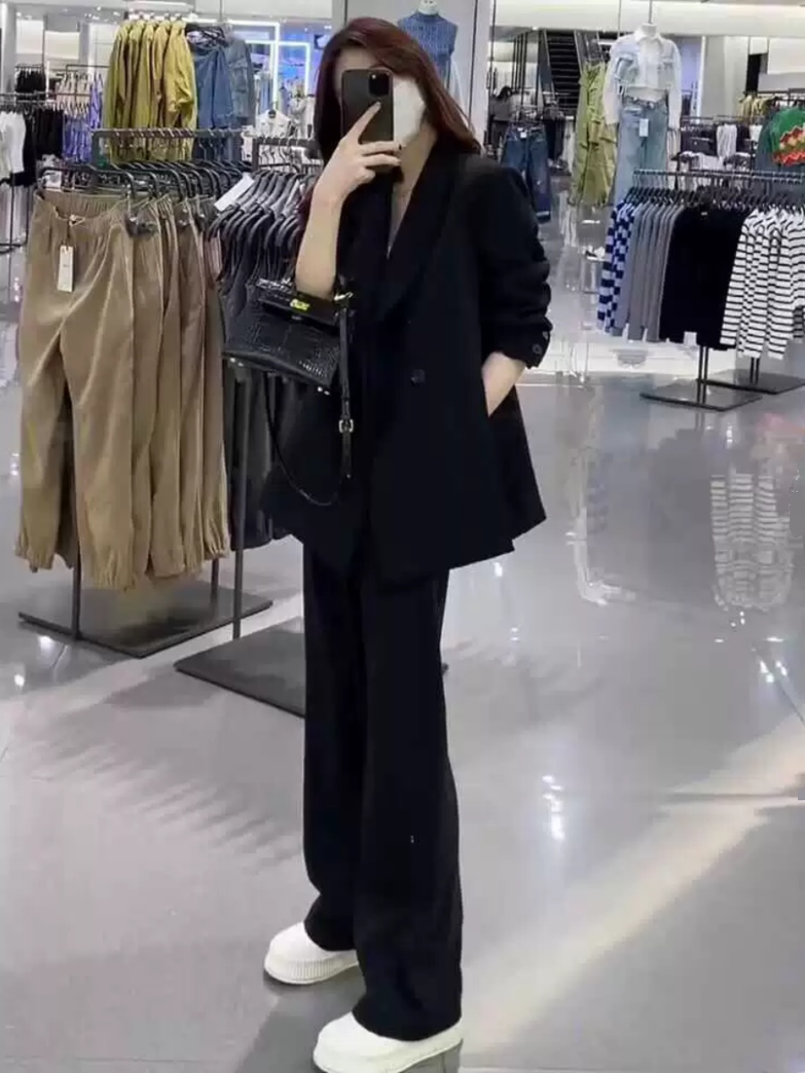 Women's Black Suit Jacket and Wide-Leg Pants Set - High-End Drape with Side Slit - 2025 Spring Autumn Fashion Women's Black Suit Jacket and Wide-Leg Pants Set - High-End Drape with Side Slit - 2025 Spring Autumn Fashion