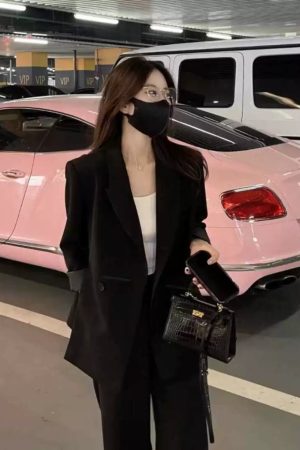 Women's Black Suit Jacket and Wide-Leg Pants Set - High-End Drape with Side Slit - 2025 Spring Autumn Fashion