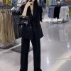 Women's Black Suit Jacket and Wide-Leg Pants Set - High-End Drape with Side Slit - 2025 Spring Autumn Fashion