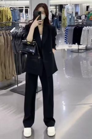 Women's Black Suit Jacket and Wide-Leg Pants Set - High-End Drape with Side Slit - 2025 Spring Autumn Fashion