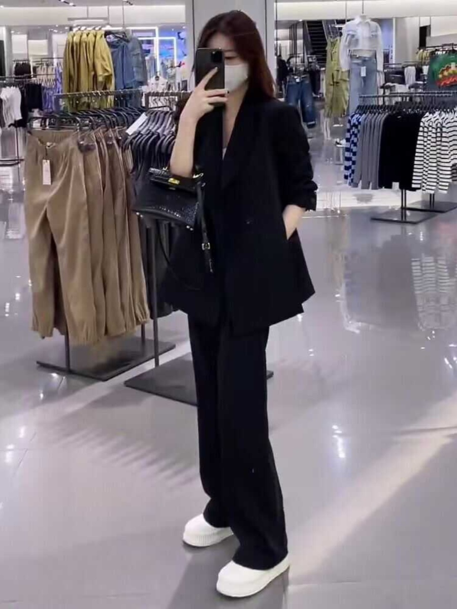 Women's Black Suit Jacket and Wide-Leg Pants Set - High-End Drape with Side Slit - 2025 Spring Autumn Fashion Women's Black Suit Jacket and Wide-Leg Pants Set - High-End Drape with Side Slit - 2025 Spring Autumn Fashion