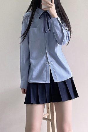 Women's Blue Long Sleeve Shirt - Basic Layered Design for Spring Summer, College Style, Niche Fashion for Students