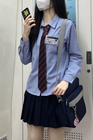 Women's Blue Long Sleeve Shirt - Basic Layered Design for Spring Summer, College Style, Niche Fashion for Students