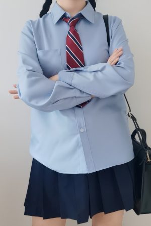 Women's Blue Long Sleeve Shirt - Basic Layered Design for Spring Summer, College Style, Niche Fashion for Students